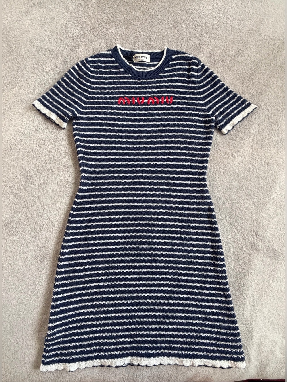 Miu Miu Navy & White Stripe Stripe Boucle Intarsia-Logo Mini Dress Size S $1350